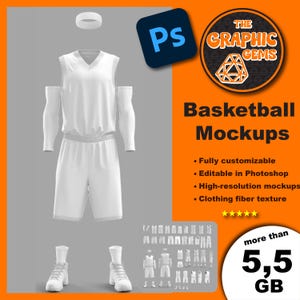 May include: A white basketball uniform mockup with a headband, shorts, and shoes. The mockup is fully customisable and editable in Photoshop. The text "THE GRAPHIC GEMS" and "Basketball Mockups" is displayed in a black and orange diamond shape. The text "more than 5.5 GB" is displayed in a white box with a black border.