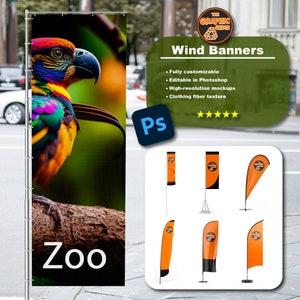 Puede incluir: Un loro colorido con un pico largo se presenta en una pancarta negra con la palabra "Zoo" en texto blanco. La pancarta está unida a un poste de metal. La imagen también muestra varios tipos diferentes de pancartas de viento, incluyendo una pancarta rectangular, una pancarta de lágrima y una pancarta de pluma. Las pancartas son todas de color naranja y negro con un gráfico de un diamante.