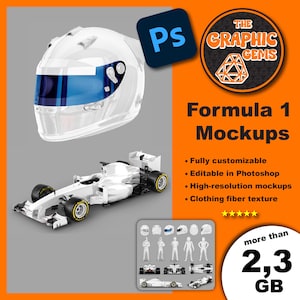 May include: A white Formula 1 race car mockup with a white helmet and a white driver figure. The text "The Graphic Gems" and "Formula 1 Mockups" is displayed on the image. The image includes the text "Fully customizable", "Editable in Photoshop", "High-resolution mockups", and "Clothing fiber texture".