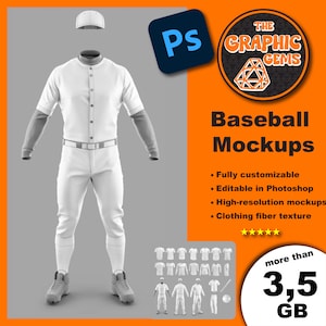May include: A white baseball uniform mockup with a cap, pants, and jersey. The mockup is fully customizable and editable in Photoshop. The image includes the text "The Graphic Gems" and "Baseball Mockups".