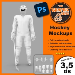 May include: White hockey player mockup with a stick. The player is wearing a white jersey, trousers, and gloves. The mockup is fully customisable and editable in Photoshop. The image includes the text "The Graphic Gems" and "Hockey Mockups".