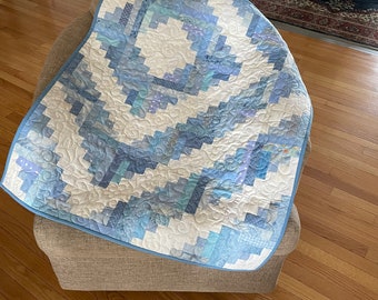 Price Reduced - Sale - Modern Log Cabin Barnraising Quilt in pastel blues and whites