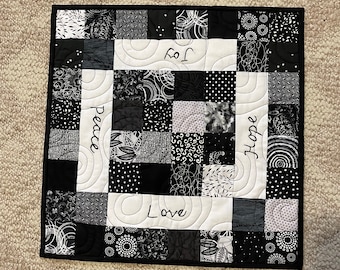 Black, Gray, White Patchwork Table Topper or Candle Mat with Embroidery Words (Love, Hope, Peace, Joy)