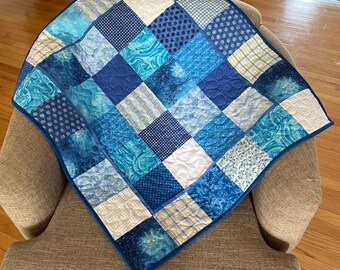 Little Boy Blue and White Baby Quilt with Minky back