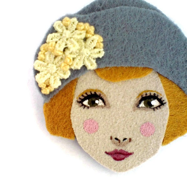 Felt brooch - Louise, 1920s girl, grey, gold, cream yellow, mustard, woman face