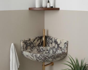 Calacatta Viola Marble Sink, Polished Wall Mount, Bathroom Corner Sink, (W)16" x (L)16" x (H)6"