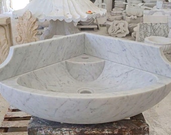 Carrara White Marble Sink, Polished Wall Mount, Bathroom Corner Sink, (W)16" x (L)16" x (H)6"