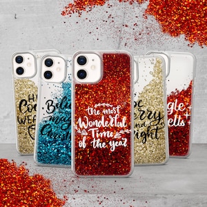 Liquid Glitter Magic Christmas Phone Case Jingle Bells Cover for iPhone 15 Pro Max, 14 Plus, 13, 12, 11 Plus, SE, XS Max, Xr, 8, 7 Plus