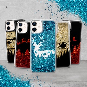 Liquid Glitter Christmas Phone Case Rudolph Reindeer Cover for iPhone 15 Pro Max, 14 Plus, 13, 12, 11 Plus, SE, XS Max, Xr, 8, 7 Plus, X, 6