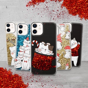 Liquid Glitter White Cat Phone Case Christmas Meow Cover for iPhone 15 Pro Max, 14 Plus, 13, 12, 11 Plus, SE, XS Max, Xr, 8, 7 Plus