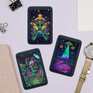 Cartera Magsafe con diseño de extraterrestres verdes, tarjetero magnético psicodélico, tarjetero premium para iPhone 16 Pro, 15, 14, 13, 12 Mini y 11 Pro Max Plus