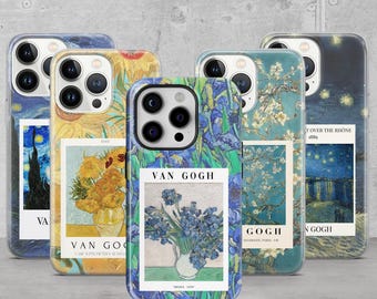 May include: Set of five phone cases featuring different famous paintings by Vincent van Gogh. The cases are clear and show the paintings in full color. The paintings include "Starry Night", "Sunflowers", "Irises", "Almond Blossom", and "The Starry Night Over the Rhone".