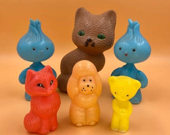 Rare USSR Plastic Toy Set – Cipollino, Kitten, Fox, Poodle, Bear