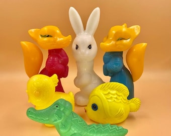 Vintage USSR Plastic Toy Collectibles: Fox, Hare, Chick, Crocodile, Fish