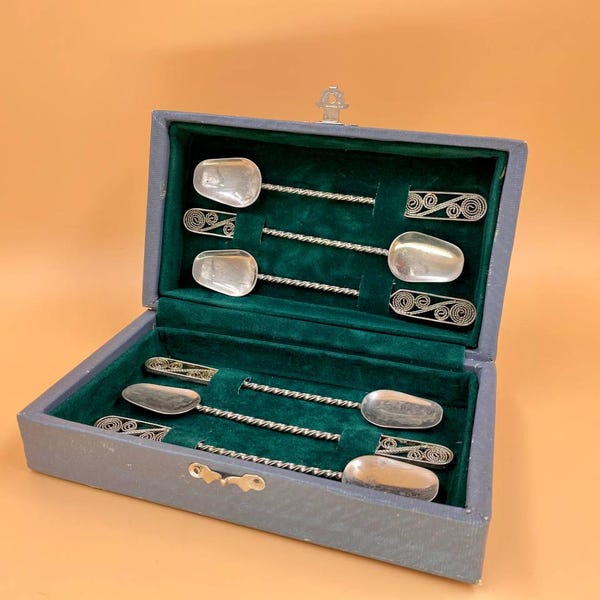 Vintage Soviet Filigree Tea Spoon Set, 6 Spoons, USSR 1970s, Original Box