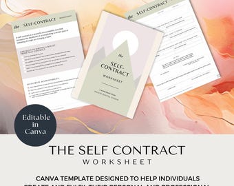 Peut inclure: Une feuille de travail imprimable intitulée "The Self-Contract Worksheet" avec un modèle Canva conçu pour aider les individus à créer et à réaliser leurs objectifs personnels et professionnels et à se responsabiliser.