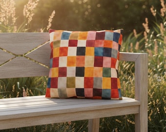 Colorful Checker Outdoor Pillow | Retro Multicolor Patio Accent | Maximalist Outdoor Decor
