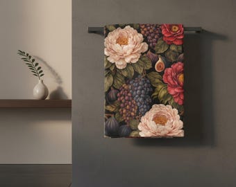 Dark Floral Face Towel | Moody Botanical Fruit Print, Cotton Back, 13x13 in
