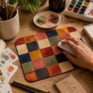 Mauspad im erdigen Aquarell-Patchwork-Stil | Rutschfeste Schreibtischunterlage, gemütlicher Vintage-Print