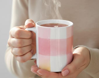 Watercolor Pink Gingham Mug | Checkered Ceramic Coffee Cup