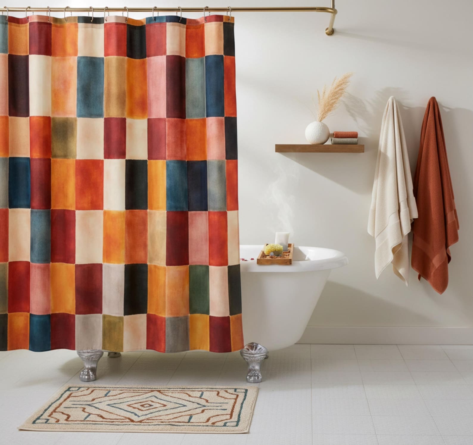 Watercolor Checkered Tiles Shower Curtain | Retro Geometric Patchwork Bathroom Decor