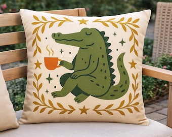 Folk Art Alligator Pillow, Relaxed Morning Coffee Cushion, Outdoor Patio Decor, Dopamine Design