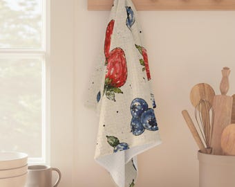 Paño de cocina con diseño de bayas en acuarela / Toalla de mano de cocina botánica con frutas de fresa y arándano