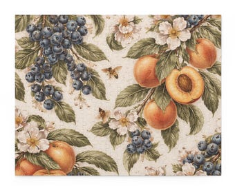Botanical Fruit Puzzle | Peach Blueberry Floral Jigsaw | Cottagecore Home Decor Gift