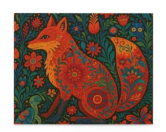 Floral Folk Art Fox Puzzle | Decorative Red Fox Jigsaw