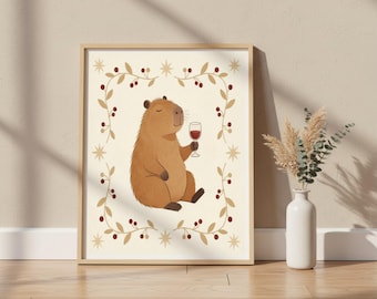 Capybara Wine Print | Funny Animal Wall Decor | Whimsical Cottagecore Poster | Wine Lover Gift