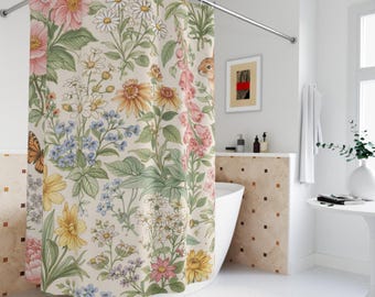 Vintage Floral Botanical Shower Curtain | Cottagecore Flower Print