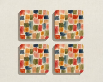 Watercolor Block Pattern Cork Coaster Set | Abstract Colorful Squares