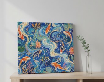 Koi Pond Canvas Wall Art | Painterly Japanese Botanical Print | Blue Gold Maximalist Home Decor