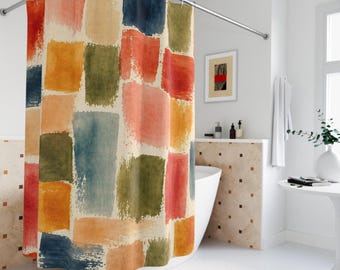 Watercolor Block Print Shower Curtain – Boho Abstract Bathroom Decor