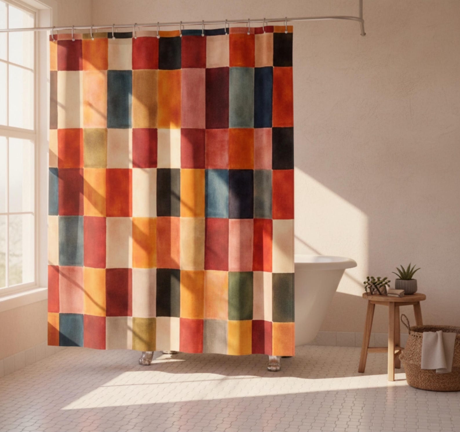 Watercolor Checkered Tiles Shower Curtain | Retro Geometric Patchwork Bathroom Decor