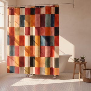 Douchegordijn met aquarel geruite tegels | Badkamerdecoratie retro geometrisch patchwork
