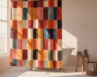 Watercolor Checkered Tiles Shower Curtain | Retro Geometric Patchwork Bathroom Decor