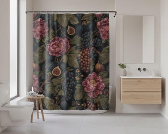 Dark Floral Shower Curtain | Moody Botanical Bathroom Decor | Vintage Peony Fig Grape Print