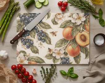 Botanical Fruit Glass Cutting Board | Vintage Peach Blueberry Kitchen Decor | Housewarming Gift