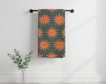 Celestial Sun Face Hand Towel, Boho Dark Green Bath Towel, Tarot Witchy Home Decor