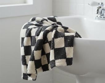 Checkered Hand Towel | Black Cream Retro Bathroom Kitchen Decor