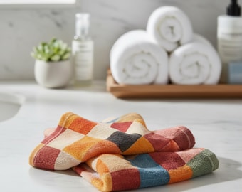 Watercolor Colorblock Grid Face Towel | Abstract Checkerboard Pattern, Vintage Checker Towel