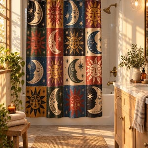 May include: A shower curtain featuring a grid pattern of alternating sun and moon illustrations. The design includes celestial motifs in shades of deep blue, red, and yellow, with stylized faces on each sun and moon set against a dark background.