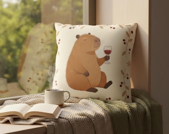 Capybara Wine Throw Pillow | Whimsical Animal Couch Decor