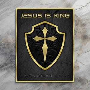 Christian Faith Wall Art, Jesus Is King Gold Cross Art Print, Jesus Christ Poster Holy Bible Home Decor Christianity Gift