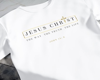 May include: White t-shirt with a gold cross and the text "JESUS CHRIST THE WAY THE TRUTH THE LIFE JOHN 14:6" printed on the front.