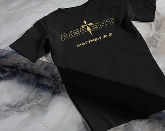 Repent Gold Cross T-Shirt: Christian Faith Bible Verse