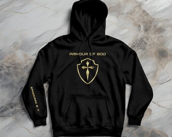 Rüstung Gottes Hoodie: Goldkreuz und Schild Christian Glaube Sweatshirt