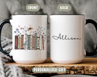 Personalized Floral Books Mug, Favorite Bookshelf Coffee Mug, Custom Tittle & Name Librarian Bookworm Gift for Reader, Gift for Book Lovers