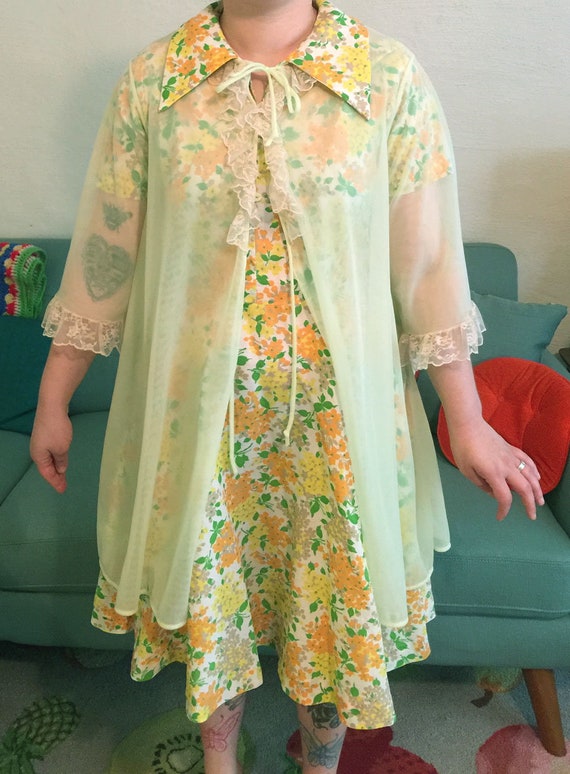 Vintage 60s Sheer Pale Yellow Green Robe Kimono Co